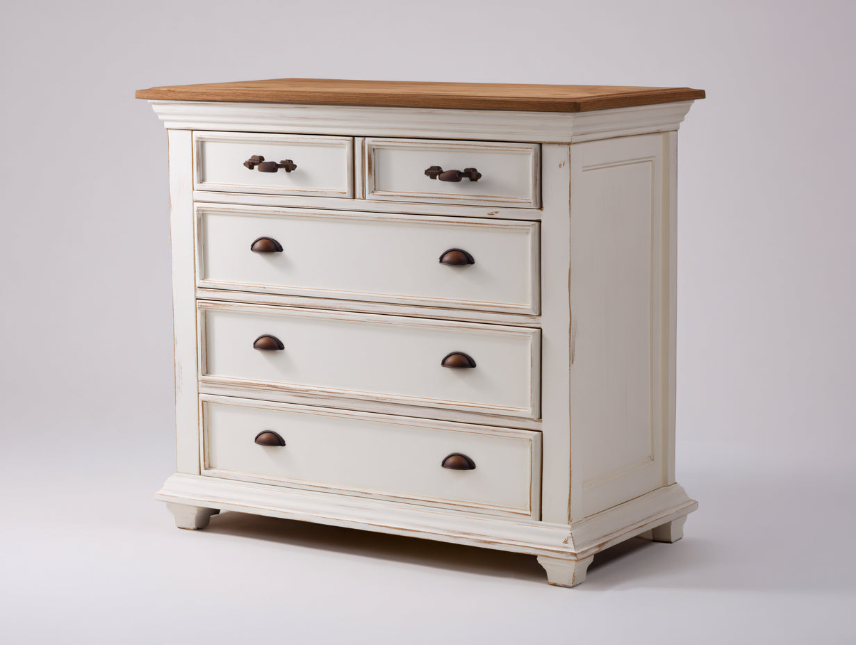 Cassettiera - Legno lavorato-Metallo - 118x45x93 cm - Bianco anticato-Rovere - shabby chic