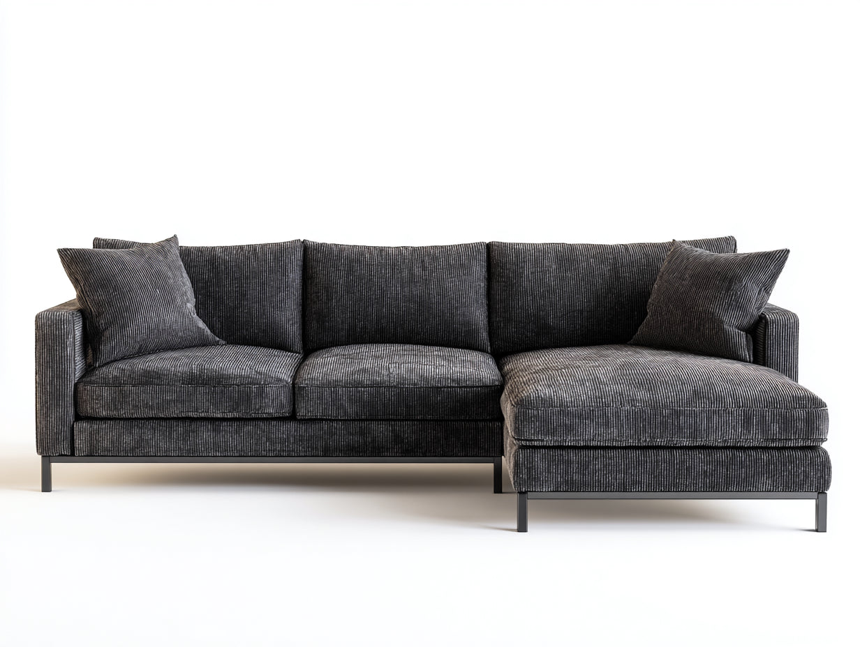 Divano angolare-Velluto a coste-Metallo-296x164x83 cm-Grigio scuro-Nero-Industriale moderno