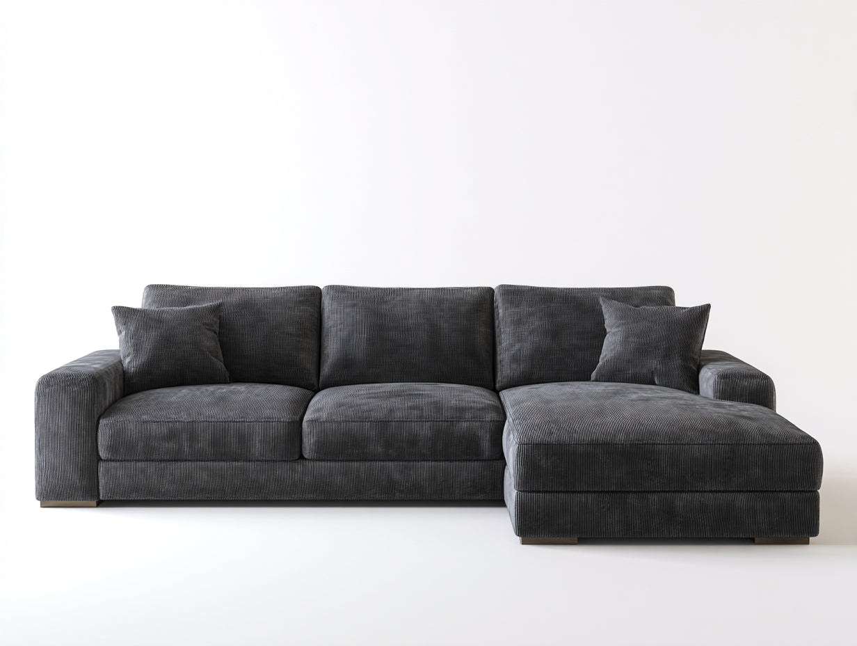 Divano angolare-Velluto a coste-Legno-288x162x82 cm-Grigio antracite-Legno scuro-Contemporaneo