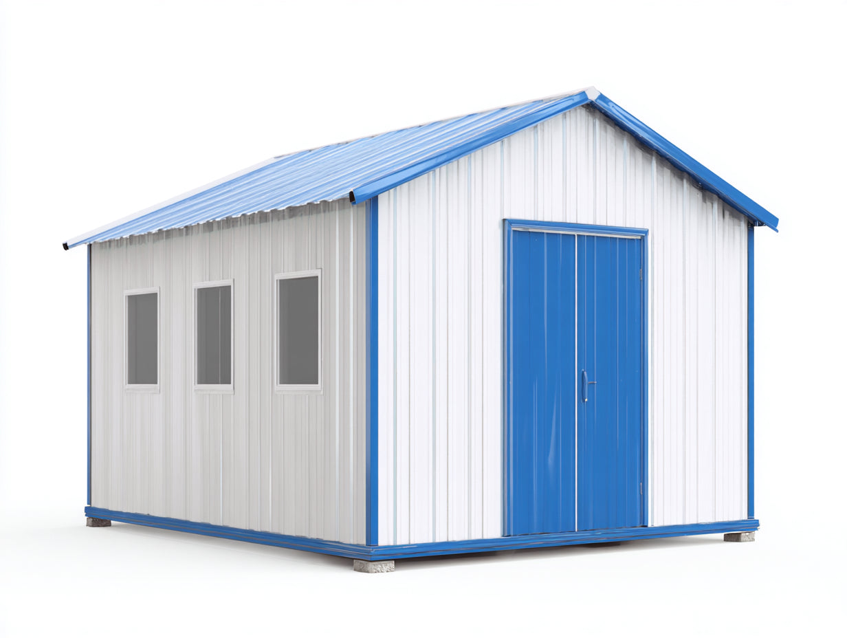 Casetta da giardino - metallo-vetro - 360x220x245 cm - bianco-blu - stile pratico industriale