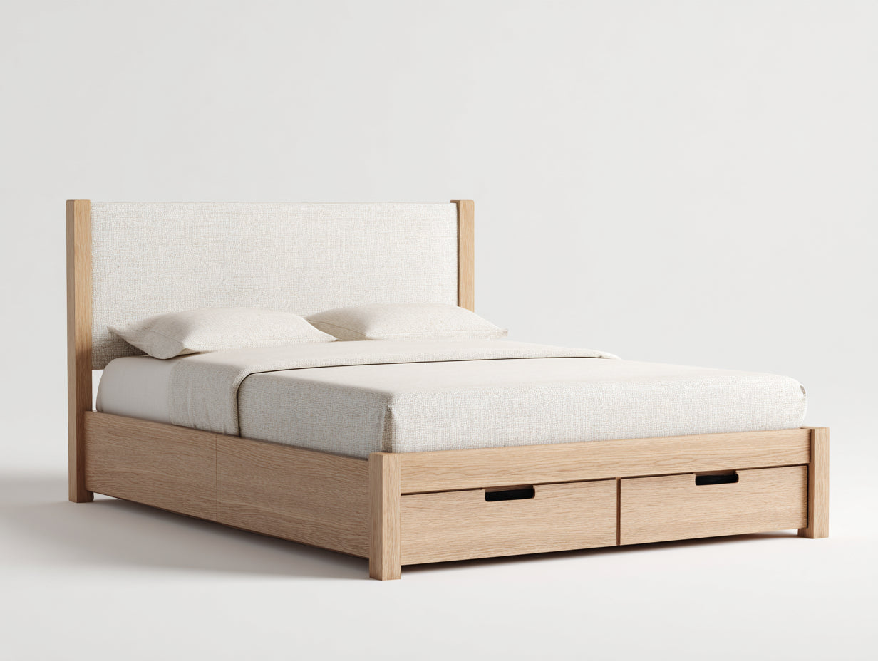Letto matrimoniale - Legno-Tessuto - 213x171x110 cm - Rovere chiaro-Beige - moderno con cassetti
