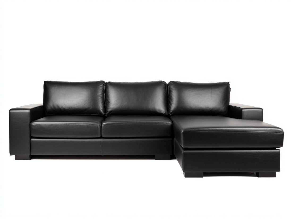 Divano angolare-Similpelle-Legno-278x158x82 cm-Nero-Legno scuro-Moderno
