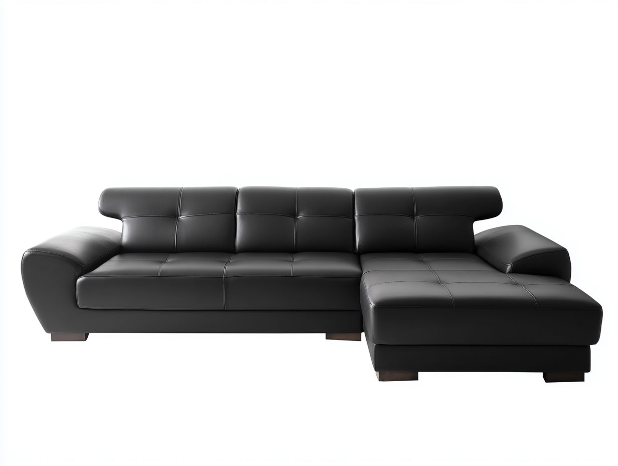 Divano angolare-Similpelle-Legno-276x160x82 cm-Nero-Legno scuro-Moderno