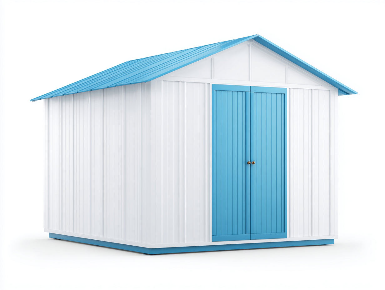 Casetta da giardino - resina-metallo - 320x215x230 cm - bianco-azzurro - stile moderno luminoso