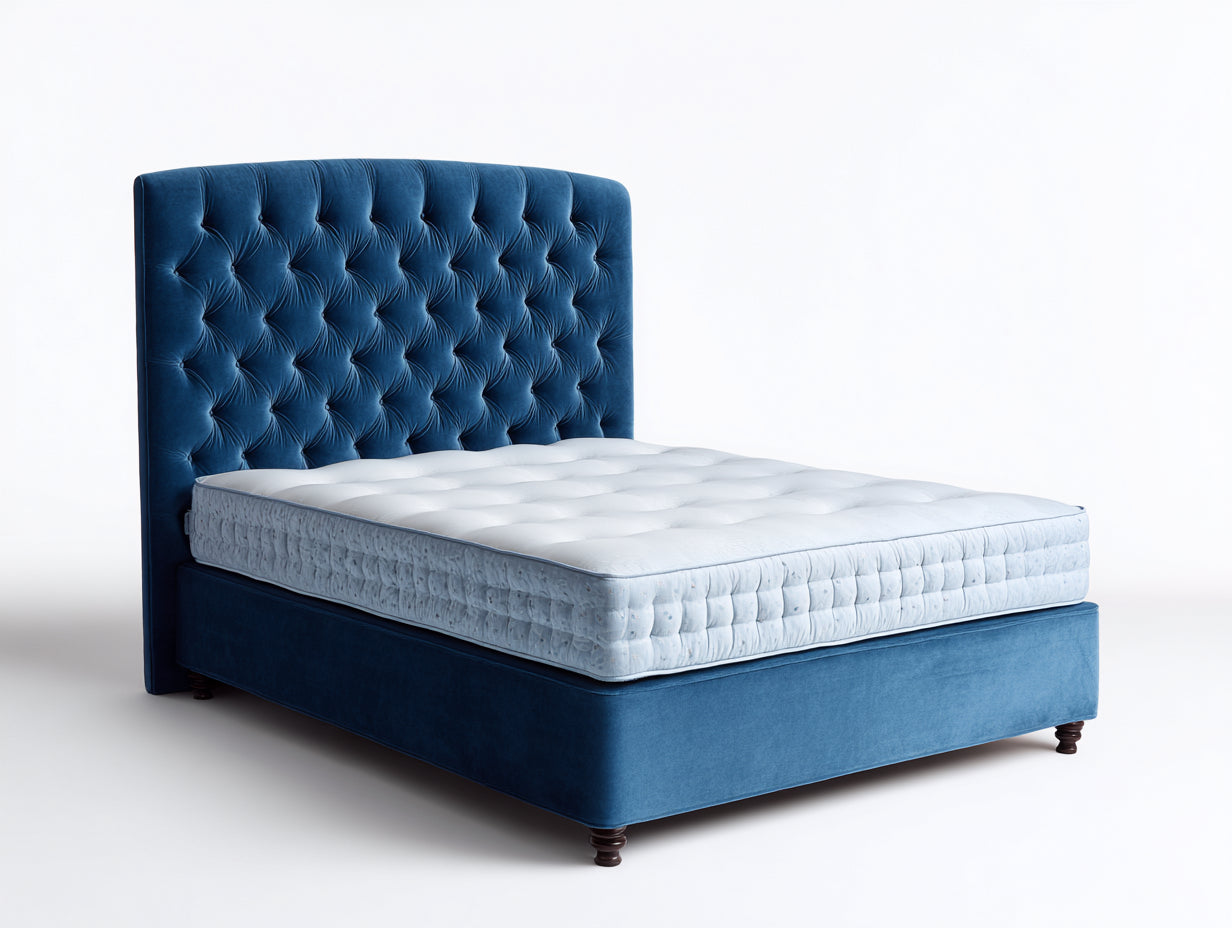 Letto matrimoniale - Velluto-Legno - 216x176x128 cm - Blu petrolio - classico capitonné
