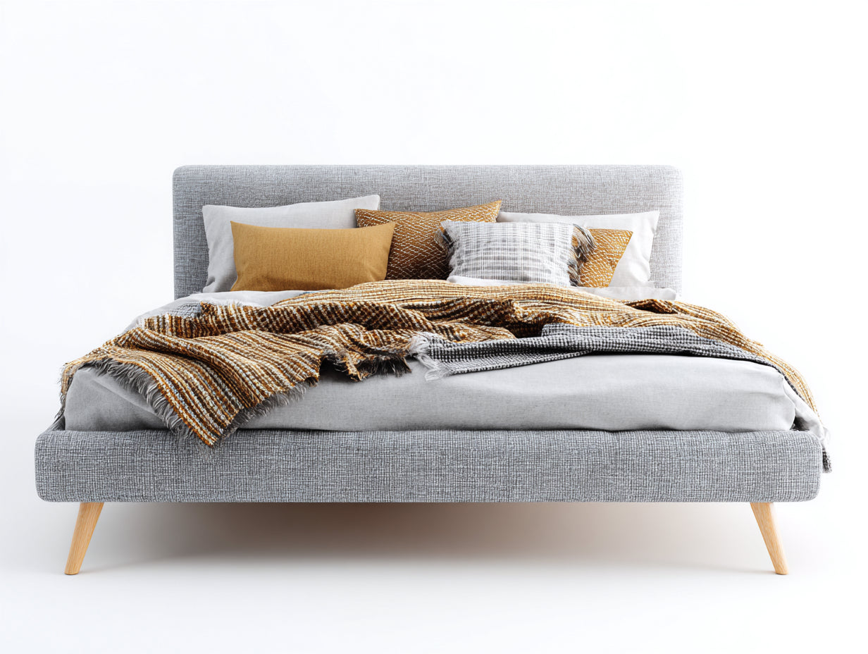 Letto matrimoniale - tessuto-legno - 211x171x98 cm - grigio-rovere naturale - scandinavo moderno