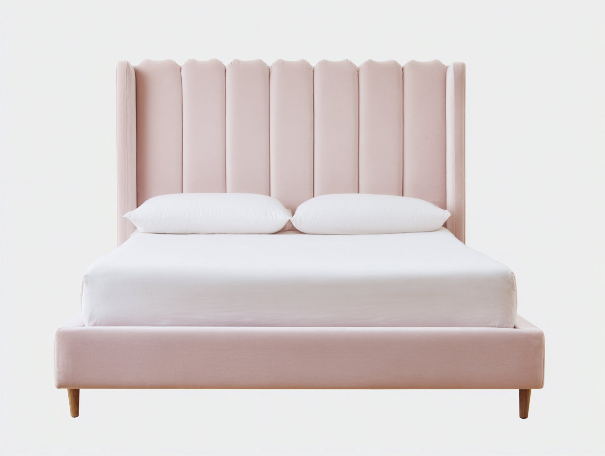 Letto matrimoniale - velluto-legno - 218x183x145 cm - rosa cipria - romantico scanalato