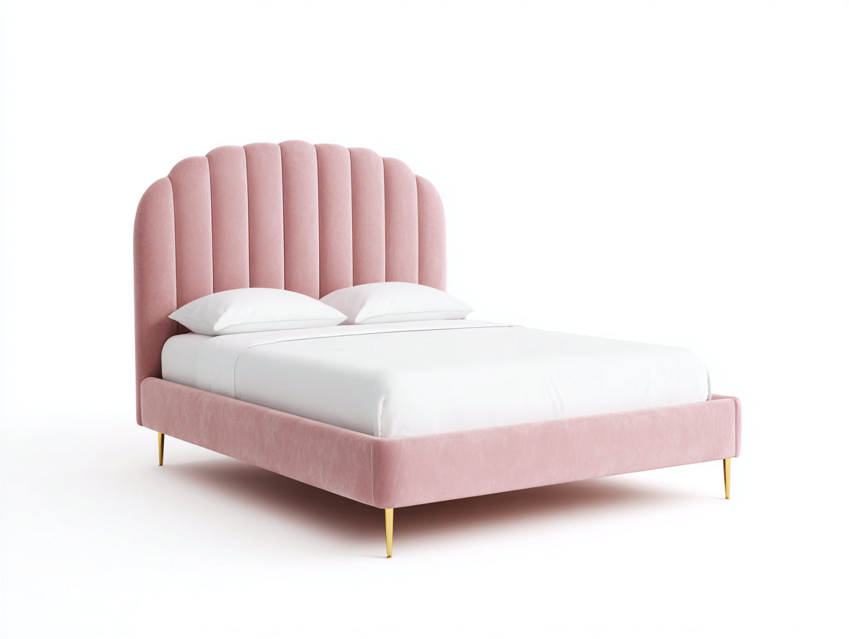 Letto matrimoniale - velluto-metallo - 218x182x132 cm - rosa - conchiglia moderno
