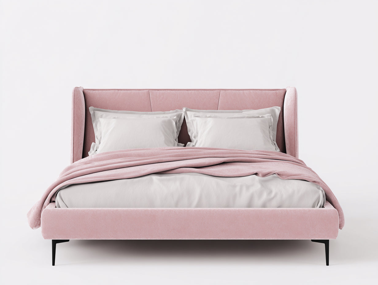 Letto matrimoniale - velluto-metallo - 219x184x122 cm - rosa - elegante con ali laterali